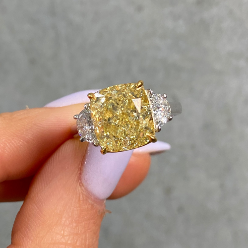 6.02ct Fancy Yellow Cushion Cut Diamond Three Stone Engagement Ring