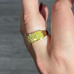 Invisible set yellow diamond ring, elongated radiant diamonds, fancy intense yellow, canary diamond ring, half eternity band set east west, rare diamond ring, gold half eternity band