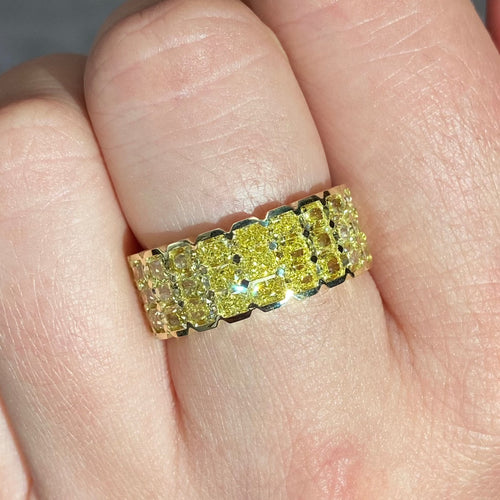 Invisible set yellow diamond ring, elongated radiant diamonds, fancy intense yellow, canary diamond ring, half eternity band set east west, rare diamond ring, gold half eternity band