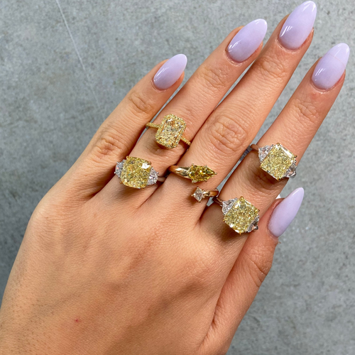 6.02ct Fancy Yellow Cushion Cut Diamond Three Stone Engagement Ring