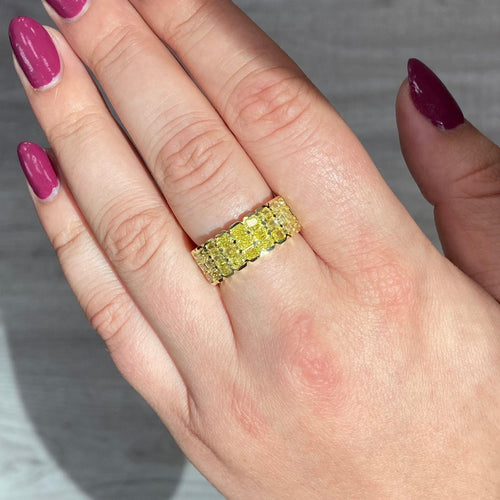 Invisible set yellow diamond ring, elongated radiant diamonds, fancy intense yellow, canary diamond ring, half eternity band set east west, rare diamond ring, gold half eternity band