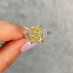 5.02ct Fancy Yellow Elongated Radiant Cut Diamond Three Stone Engagement Ring
