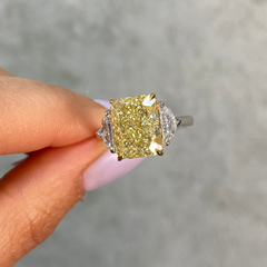 5.13 Carat Fancy Yellow Elongated Radiant Cut Diamond Three Stone Engagement Ring