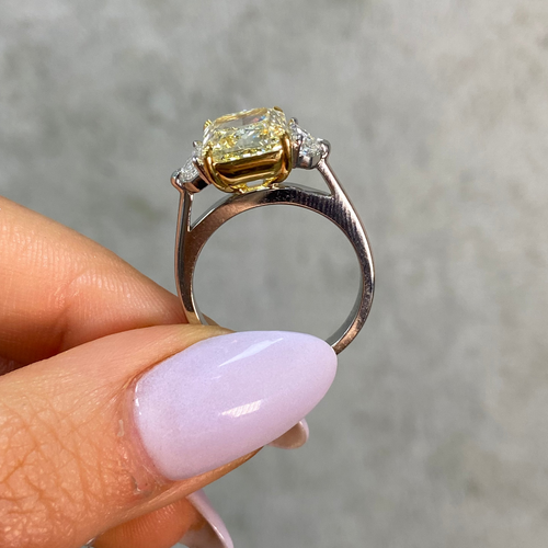 5.02ct Fancy Yellow Elongated Radiant Cut Diamond Three Stone Engagement Ring