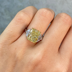 5.02ct Fancy Yellow Elongated Radiant Cut Diamond Three Stone Engagement Ring