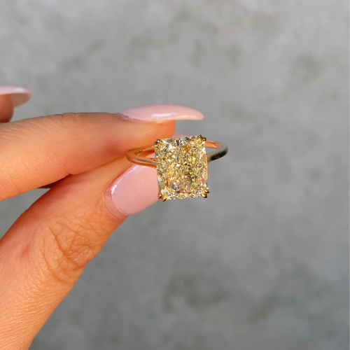 5.74 Carat Fancy Yellow Elongated Radiant Cut Diamond Solitaire Engagement Ring