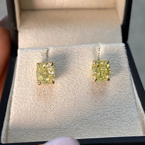 Fancy Yellow Elongated Cushion Cut Diamond Studs