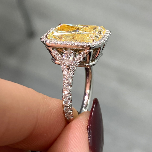 7 Carat Light Yellow Elongated Radiant Cut Diamond Halo Engagement Ring