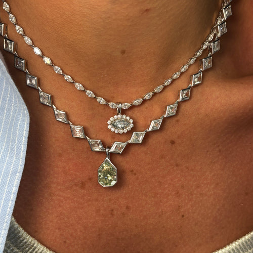 Lozenge Cut Diamond Bezel Necklace with Detachable Green Diamond Charm