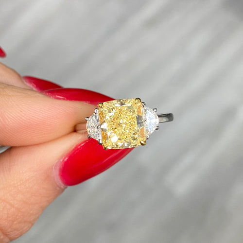 3.03 Carat Center Fancy Yellow Cushion Cut Center VS2 Clarity  0.33 Carat F Half Moons GIA Certified Diamond Crafted in Platinum and 18k Yellow Gold Handmade in NYC 