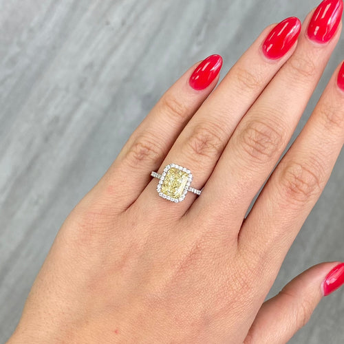 3.31 Carat Light Yellow (W-X) VS2 Clarity Radiant Cut Diamond 0.44 Carats of White Rounds GIA Certified Diamond Crafted in Platinum and 18k Yellow Gold Handmade in NYC