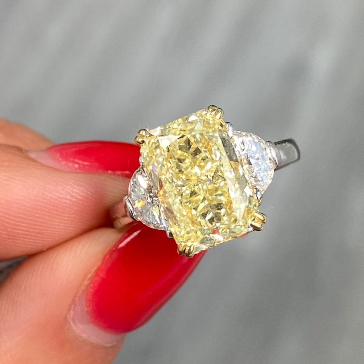 Fancy Yellow elongated radiant cut diamond three stone ring , three stone engagement ring unique engagement ring 