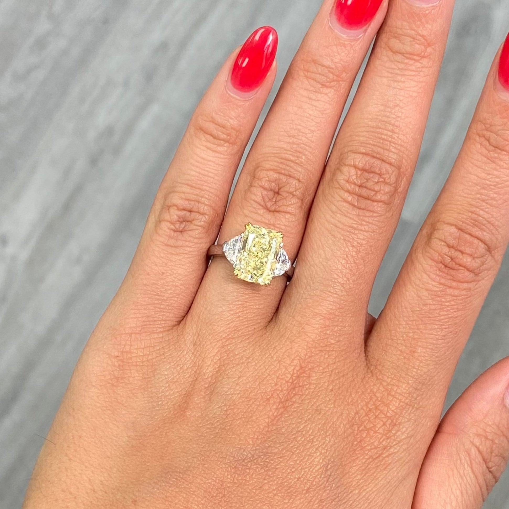 Fancy Yellow elongated radiant cut diamond three stone ring , three stone engagement ring unique engagement ring 