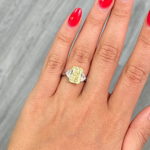 Fancy Yellow elongated radiant cut diamond three stone ring , three stone engagement ring unique engagement ring 