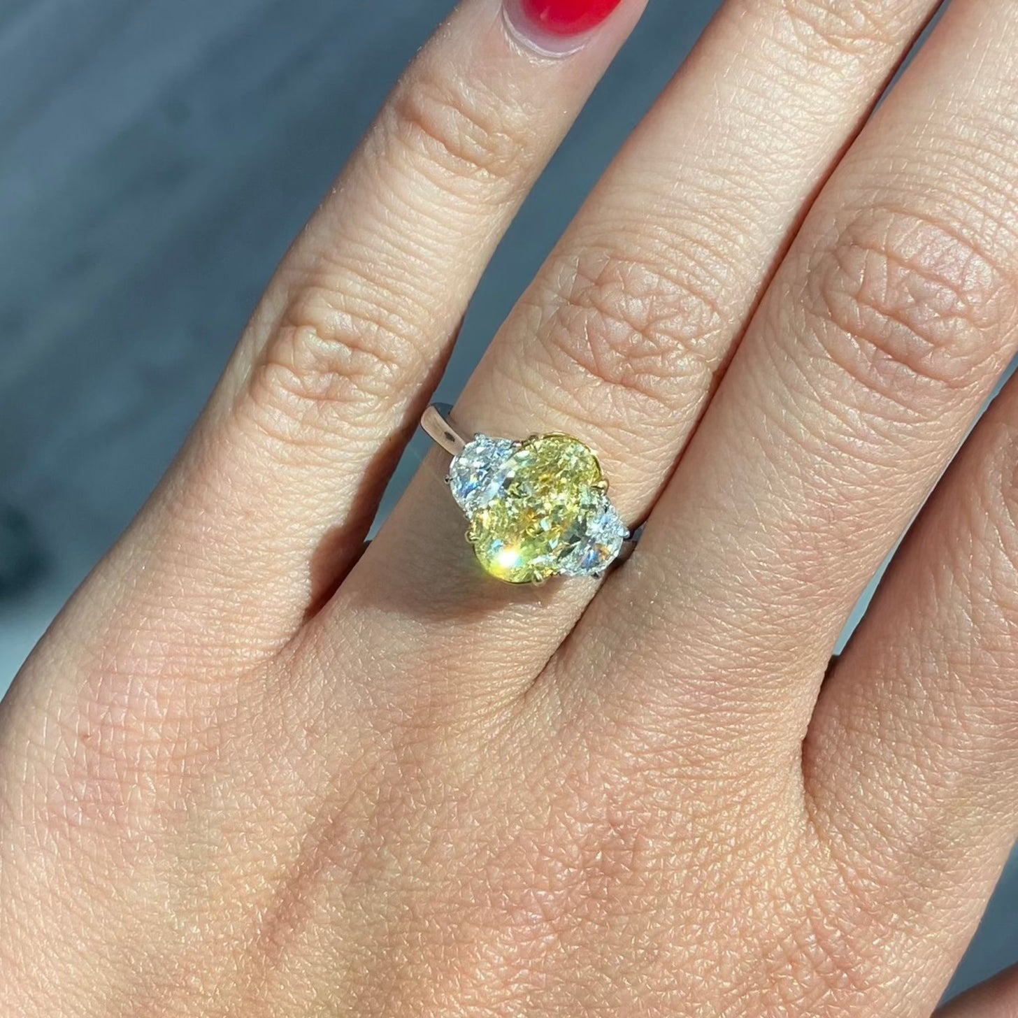 3ct Fancy intense Yellow Oval Three Stone Diamond Ring, a canary oval diamond!