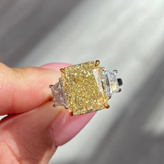 7 carat yellow diamond ring, unique canary diamond engagement ring, elongated radiant diamond, light yellow elongated diamond 