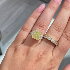 7 carat yellow diamond ring, unique canary diamond engagement ring, elongated radiant diamond, light yellow elongated diamond