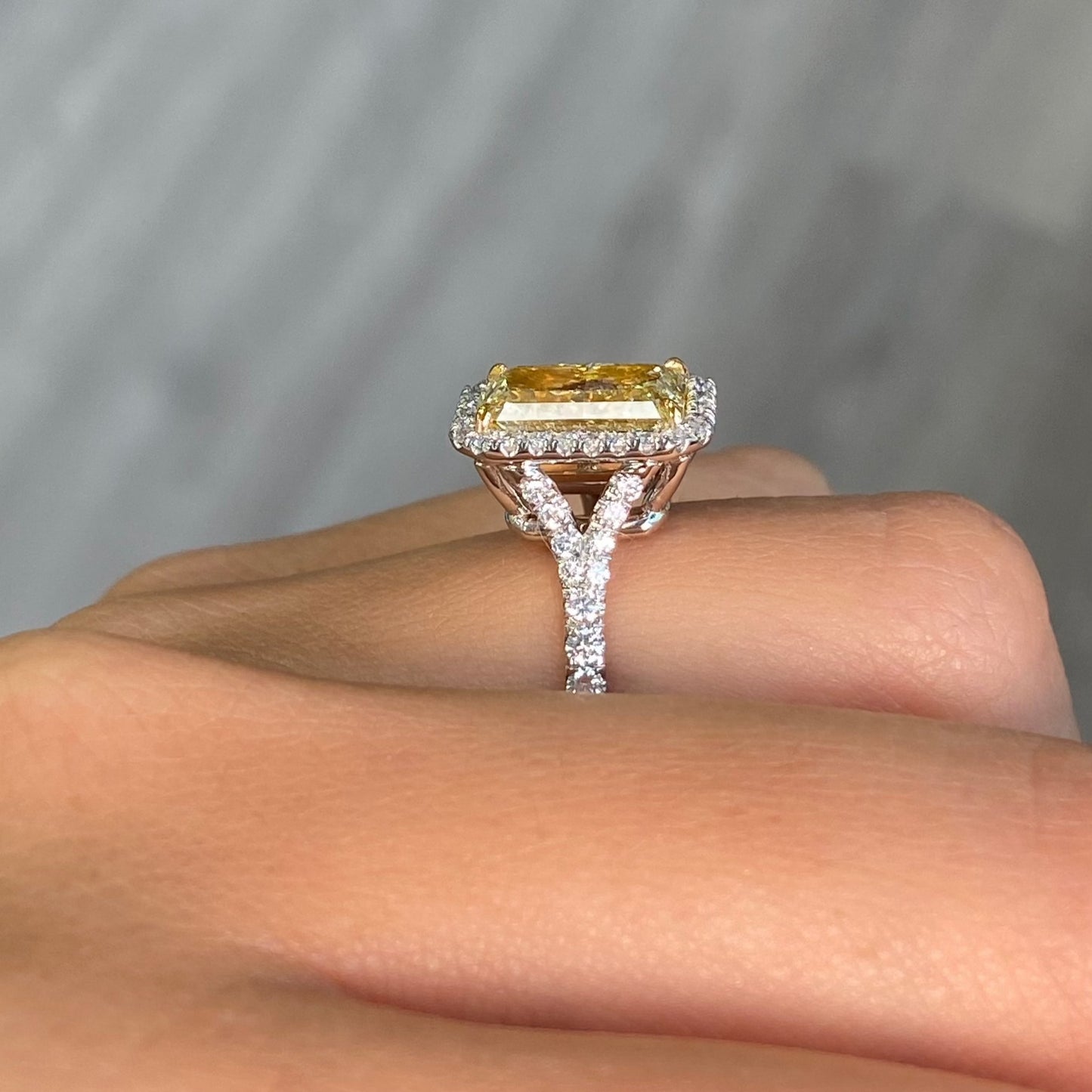 canary yellow diamond ring, unique yellow diamond halo engagement ring, fancy yellow diamond