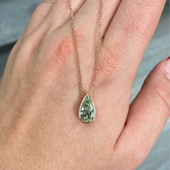 Green Pear Shape Diamond in Pink Bezel Pendant Necklace