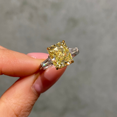 4 Carat Fancy Intense Yellow Elongated Radiant Diamond Engagement Ring