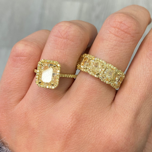 Yellow Diamond Halo Half Eternity Band with radiant cut diamonds, VS-VVS clarity.