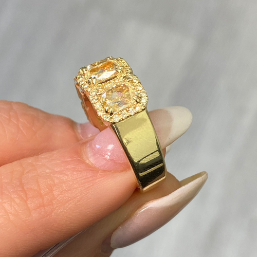 Yellow Diamond Halo Half Eternity Band with radiant cut diamonds, VS-VVS clarity.