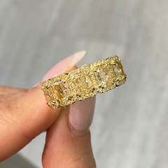 Yellow Diamond Halo Half Eternity Band with radiant cut diamonds, VS-VVS clarity.