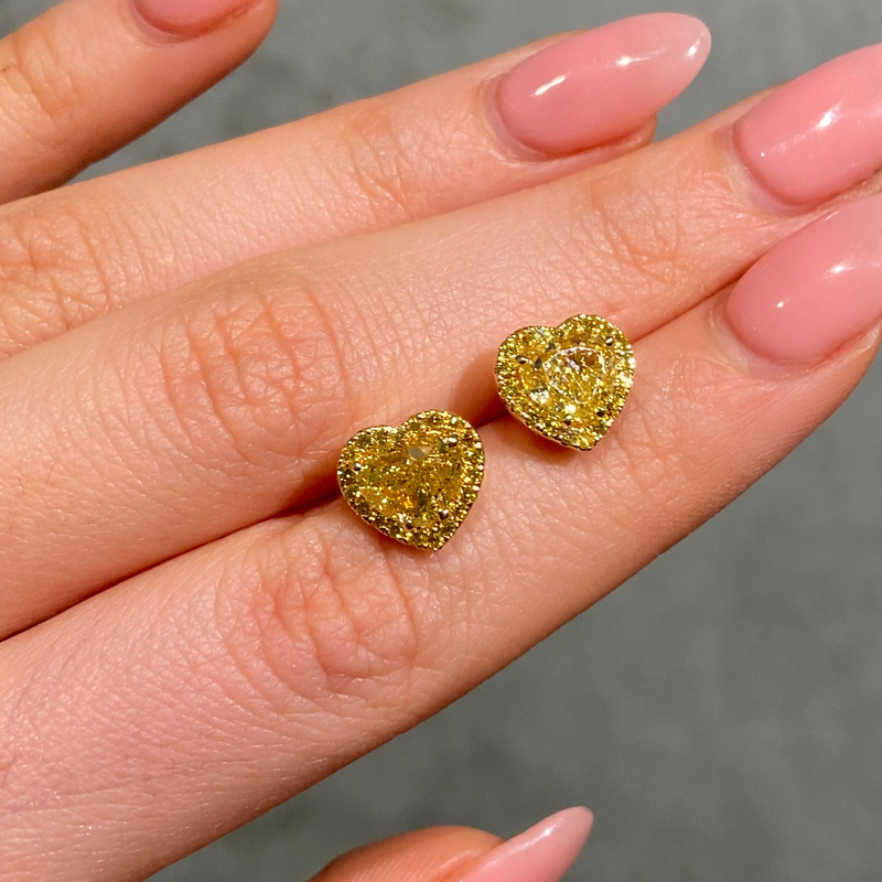 Fancy Intense Yellow Heart Diamond Studs