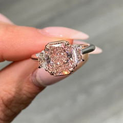 Elegant Brown-Pink Elongated Radiant Diamond Engagement Ring, Three Stone, GIA Certified, VS1 clarity.