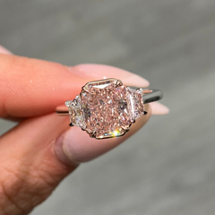 Elegant Brown-Pink Elongated Radiant Diamond Engagement Ring, Three Stone, GIA Certified, VS1 clarity.