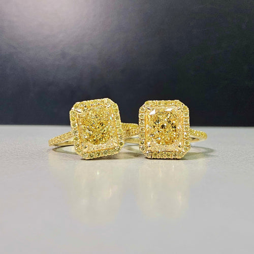 2.03 Carat diamond GIA Light Yellow Diamond (Y-Z) 0.31 Carats of Yellow Rounds VS1 Clarity Excellent, Very Good cutting Radiant Cut Diamond Set in 18k Yellow Gold GIA Certified Diamond Handmade in NYC