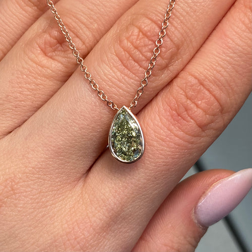 Green Pear Shape Diamond in Pink Bezel Pendant Necklace