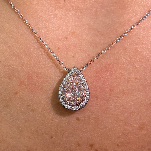 Half Carat Pink Pear Diamond Double Halo Pendant