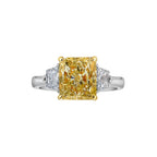 2.28 Carat Center Fancy Light Yellow Cushion Cut Diamond  SI2 Clarity 0.32 Carats of E Color Trapezoids GIA Certified Diamond  Crafted in Platinum and 18k Yellow Gold Handmade in NYC