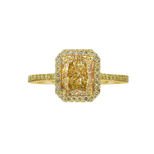 2.03 Carat diamond GIA Light Yellow Diamond (Y-Z) 0.31 Carats of Yellow Rounds VS1 Clarity Excellent, Very Good cutting Radiant Cut Diamond Set in 18k Yellow Gold GIA Certified Diamond Handmade in NYC