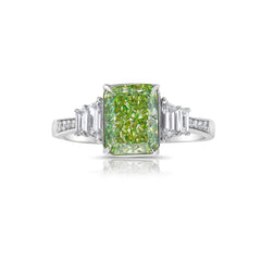 Natural Green elongated radiant diamond ring. GIA green diamond. Natural green diamond. JLO green diamond ring. Long radiant. Rectangular radiant