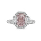 1.5 carat elongated radiant cut diamond ring. natural pink diamond ring, fancy light orangy pink diamond, halo diamond ring with pink diamond