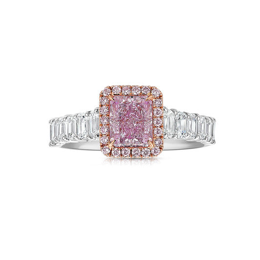 bubblegum pink diamond, pink radiant cut diamond surrounded by emerald cut and round diamonds, halo engagement ring with natural pink diamond