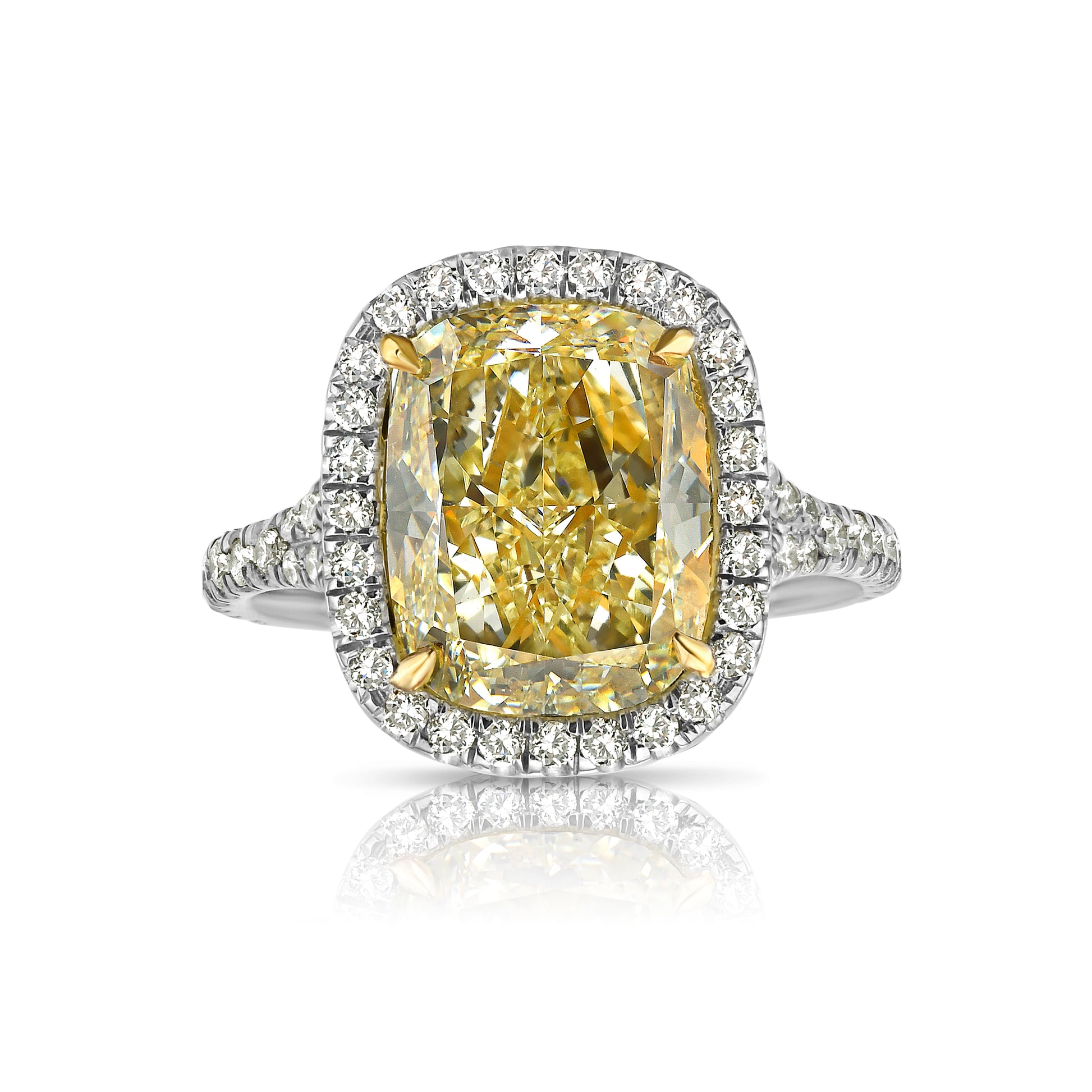 4.73 Carat Center Diamond GIA Light Yellow VS2 Clarity Cushion Cut Diamond 0.52 Carats of White Rounds Set in Platinum and 18k Gold Split Shank band Handmade in NYC GIA Certified Diamond