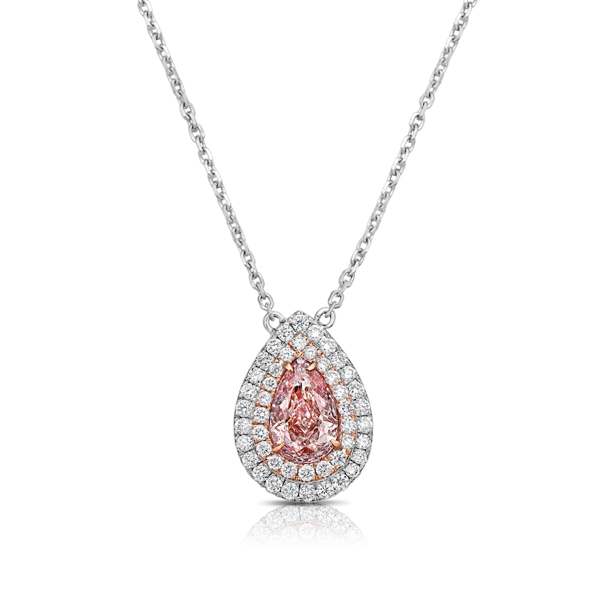 Pink diamond pendant. pink diamond necklace. light pink diamonds. light pink pear shape. diamond pendant. pear diamond pendant.