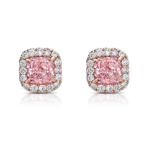 Pink diamond earrings. pink diamond studs. light pink diamonds. light pink cushions. diamond earrings.