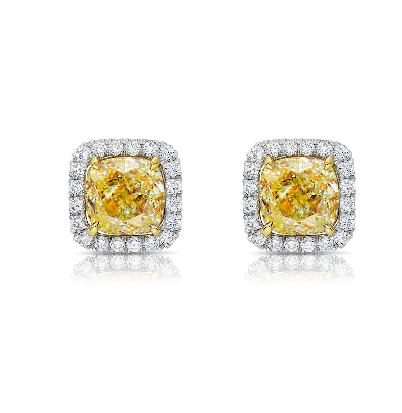 yellow diamond earrings. yellow diamond studs. yellow diamond halo studs. cushion cut yellow diamonds,