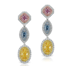 Fancy colored diamonds. fancy colored diamond earrings. blue and pink diamonds. pink diamonds. blue diamonds. yellow diamonds. blue diamond earrings.