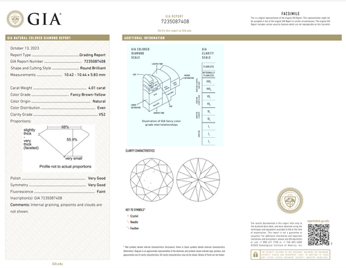 4.01 Carat Fancy Brown-Yellow  Round Brilliant Diamond  VS2 Clarity Very Good, Very Good Cutting Faint Fluorescence GIA Certified Diamond  Set in a vintage gold setting  