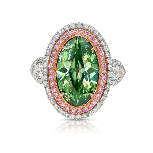 Unique green marquise cut diamond ring featuring a GIA certified diamond.