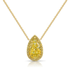 Elegant GIA certified pear shaped canary diamond necklace in yellow gold with yellow diamonds.