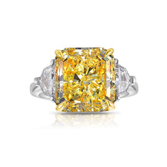 6.57 Carat Center Diamond GIA Fancy Intense Yellow Radiant Cut Diamond SI1 Clarity Excellent, Good Cutting 0.71 Carat E VS1 Epaulettes Handmade in NYC Set in 18k & Platinum.