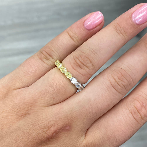 Wear two ways diamond eternity band. Undecided eternity ring. Diamond eternity ring. Fancy yellow and white alternating eternity band. Alternating diamond ring.