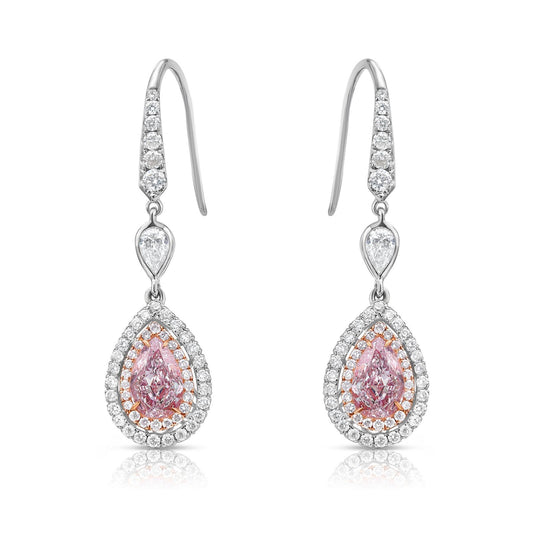 Natural pink diamond earrings, surrounded by a double halo or natural white diamonds, handmade by color diamond experts in new york