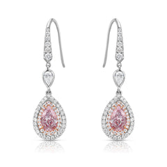 Natural pink diamond earrings, surrounded by a double halo or natural white diamonds, handmade by color diamond experts in new york